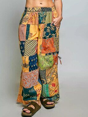 Printed Patchwork Wide Leg Pants with Adjustable Side Drawstring